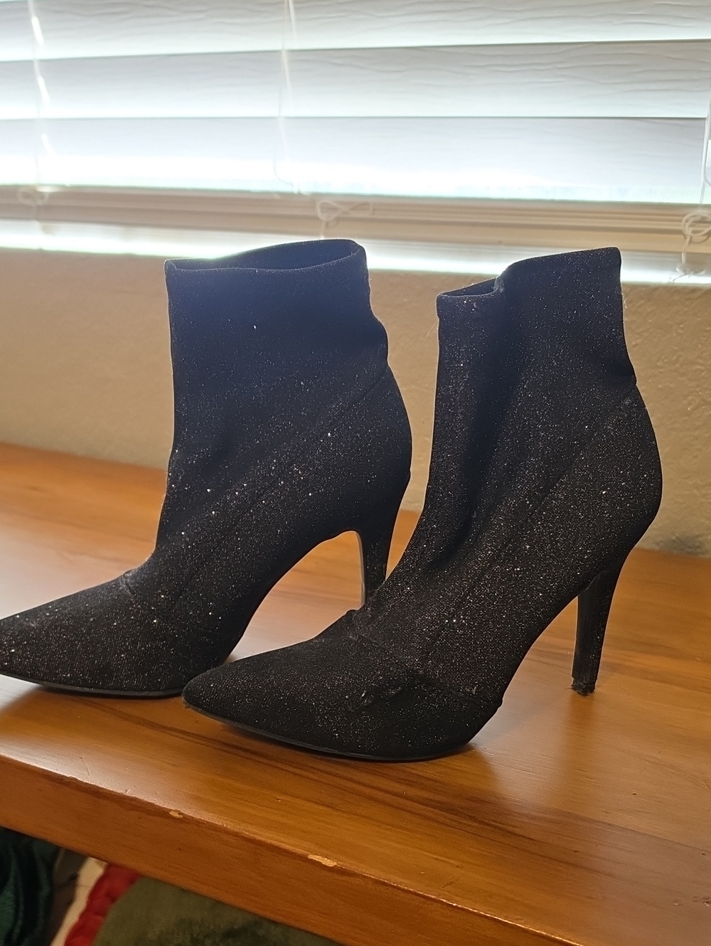 Black Glitter Pointed Toe Stiletto Booties - Women's Fashion Heels